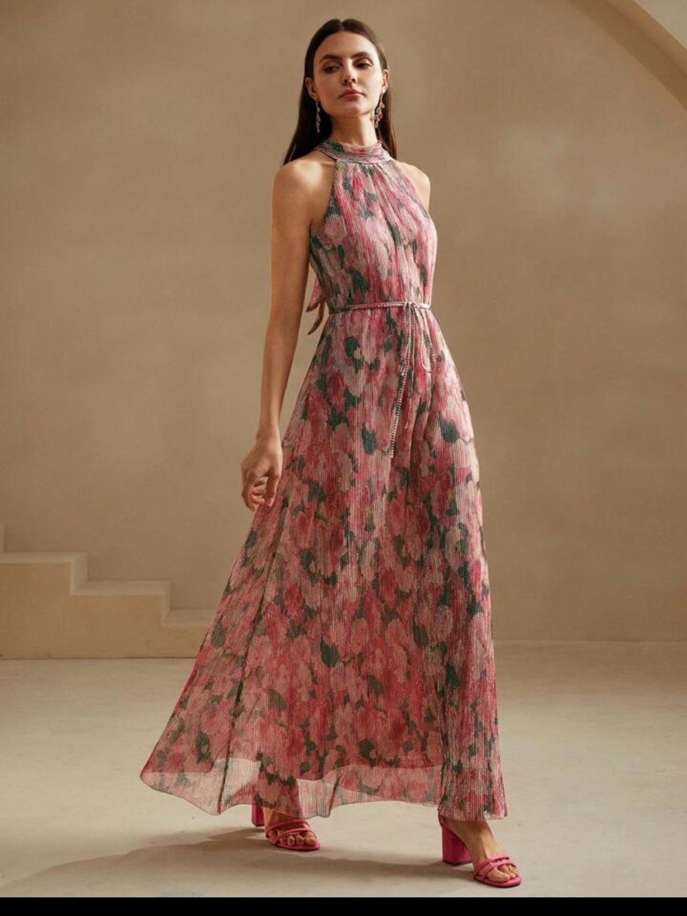 Pink Floral Halter Maxi Dress - Women's